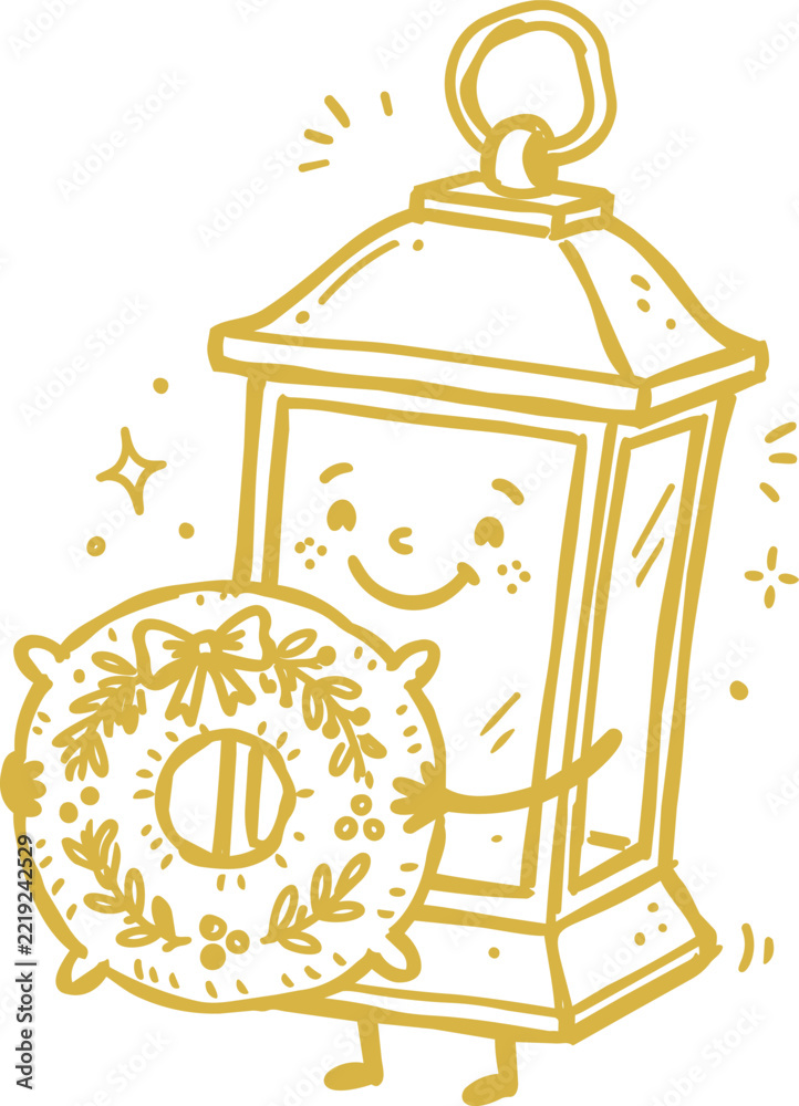 Fototapeta premium Smiling lantern holding decorative wreath line art