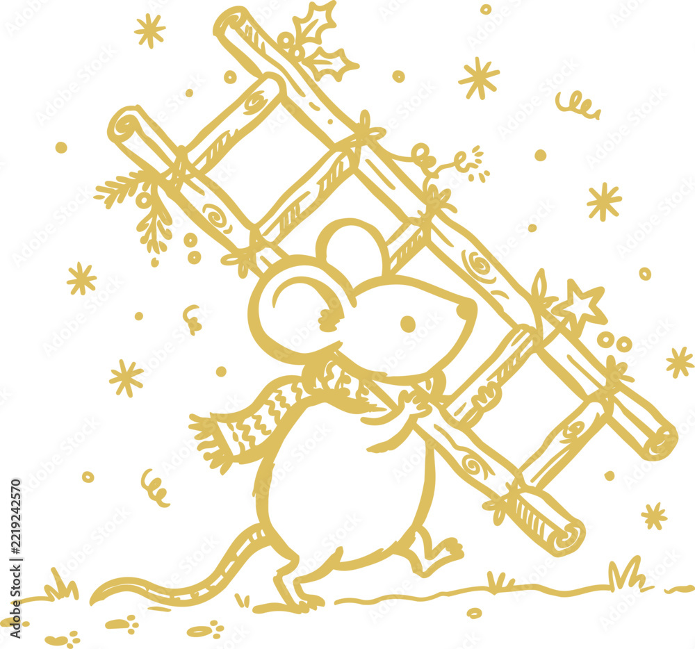 Fototapeta premium Hand drawn mouse carrying wooden ladder with festive decorations