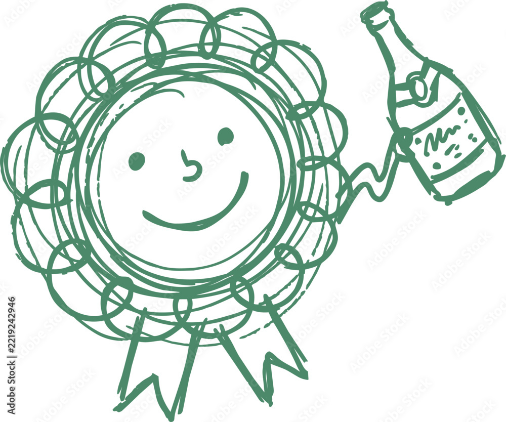 Fototapeta premium Hand drawn happy rosette with smiling face and bottle