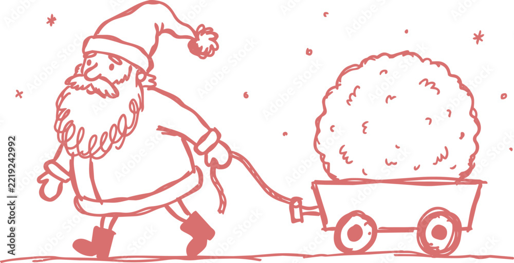 Fototapeta premium Santa claus pulling wagon with large snowball sketch