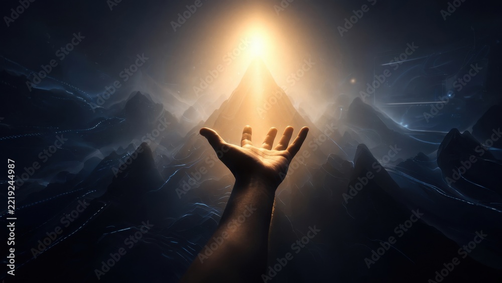 Fototapeta premium Open Hand Reaching Toward Glowing Light Above Dark Mountains