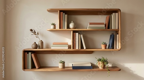 Modern Organic Wooden Wall Shelves With Books And Decorative Accents