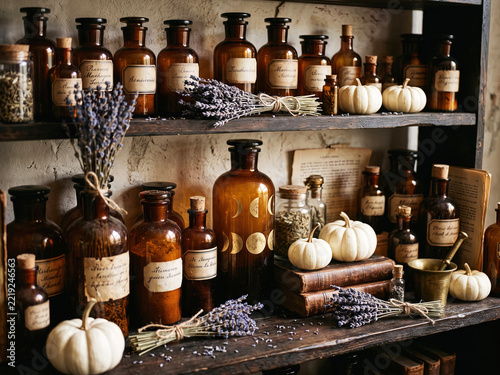 Vintage apothecary shelves with dark amber glass potion bottles, dried lavender bundles, white pumpkins, and antique books