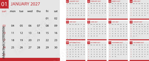 Calendar 2027 Year Simple Red Layout Grid Template   