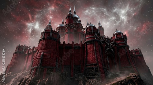Dark Fantasy Castle on Rocky Mountain, Red Fortress with Cosmic Sky