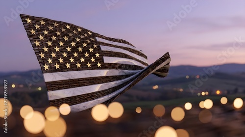 Woven American Flag with Golden Stars and Marble Stripes at Sunset