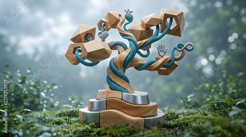 Surreal Wooden Tree Sculpture with Geometric Shapes in Forest
