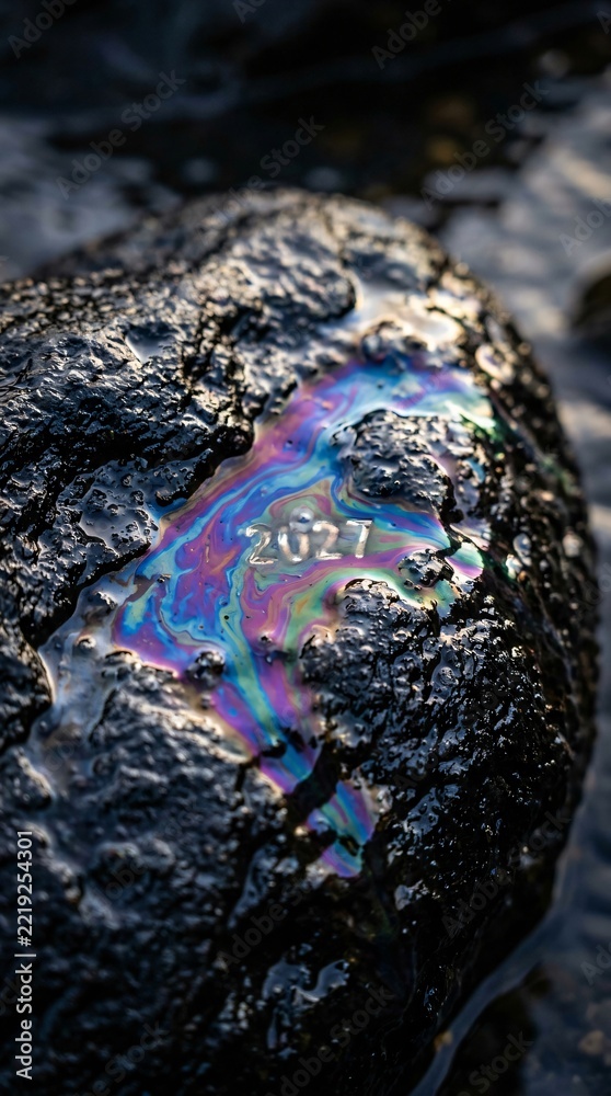 Fototapeta premium New year 2027 concept with iridescent oil slick pattern on dark wet