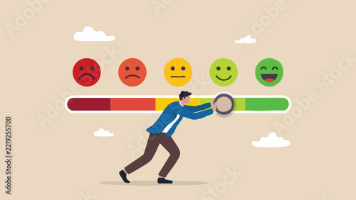 Businessman pushing a slider to improve customer satisfaction rating from negative to positive