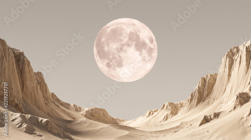 Full moon rising over a surreal desert landscape
