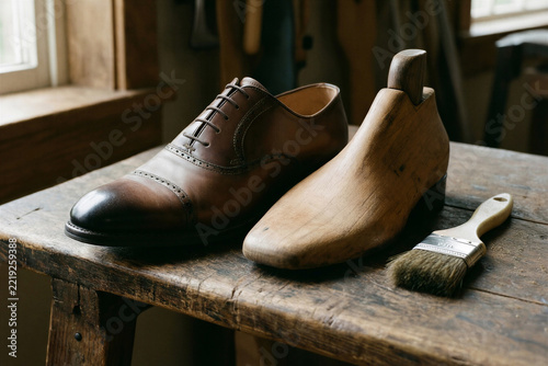 A cobbler bench with a plain shoe and wooden last
