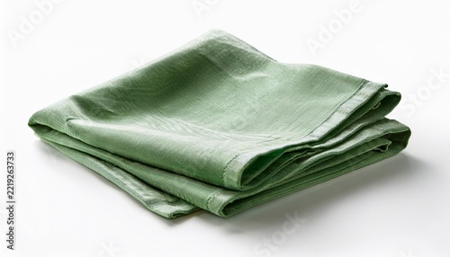 soft light green linen towel neatly folded against a white background kitchen napkin isolated