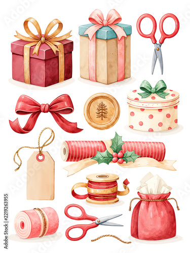 Christmas Gift Wrapping Clipart Set, Present Boxes Ribbon Scissors Illustration