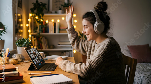 Student Raising Hand in Cozy Bedroom Nook During Hybrid Class