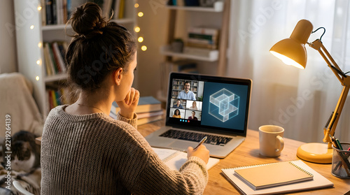 Female Student Attending Live Hybrid Lecture from Cozy Home Study Corner