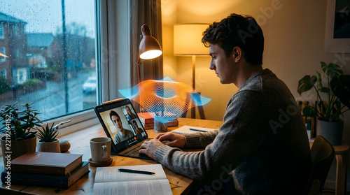 Student Participating in Hybrid Seminar Near Rain-Streaked Window