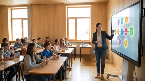 Teacher Pointing at Textless Flowchart on Interactive Whiteboard in Classroom