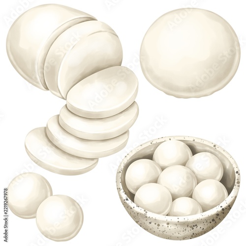Fresh mozzarella cheese balls and sliced mozzarella in ceramic bowl, Italian food illustration