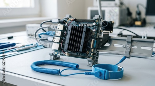 Embedded ai board with cooling fins, sensor camera, patch cables, din rail clips, and esd wrist strap on a clean bench.