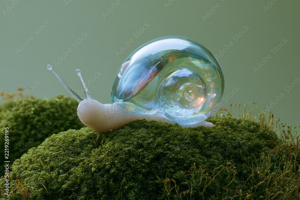 Fototapeta premium Surreal glass snail with iridescent shell crawling on green moss