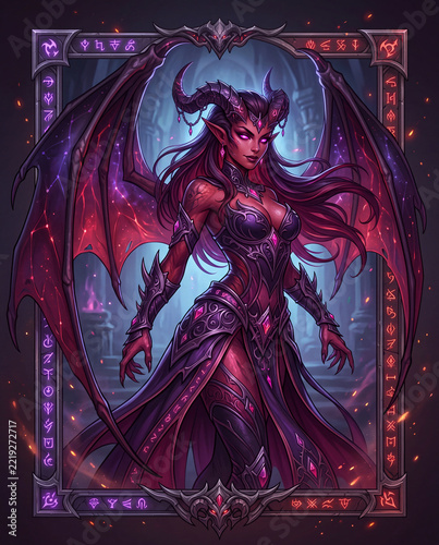 Powerful winged succubus warrior wearing ornate purple armor and a horned crown, surrounded by glowing symbols and magical energy in a dramatic fantasy setting.