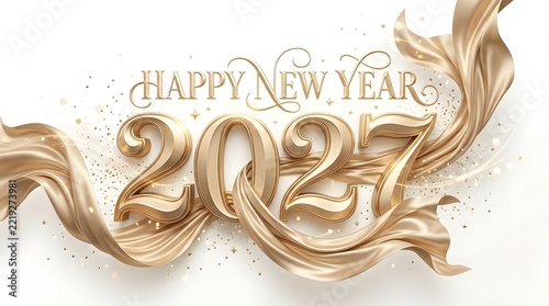 Luxurious Golden Satin Silk Fabric Waves Happy New Year 2027 Background