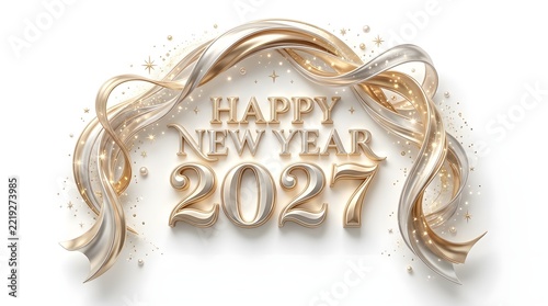 Elegant 2027 Happy New Year Greeting Design with Silver and Gold Ribbons