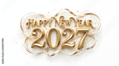 Golden 3D Happy New Year 2027 Typography with Ribbons and Sparkles