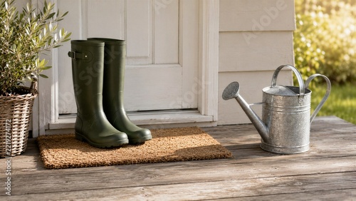 Outdoor gardening hobby concept with tools and rubber boots, rustic backyard terrace, perfect for spring gardening concepts, country lifestyle marketing, and suburban home improvement content