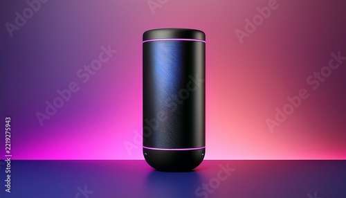 sleek black smart speaker standing upright against a glowing pink and purple gradient background with clean copy space for branding design 3d rendering