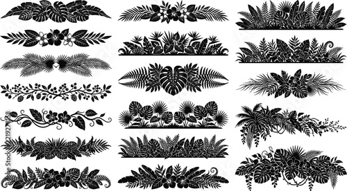Tropical floral silhouette divider vector illustration featuring palm leaves and exotic flowers for design