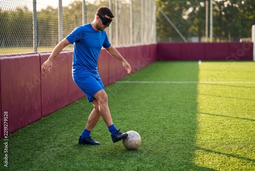 Blindfolded man playing football on green field