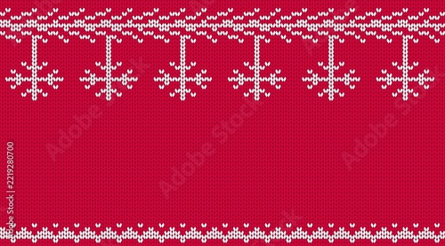 Red winter seamless knitted border. Christmas garland and snowflakes