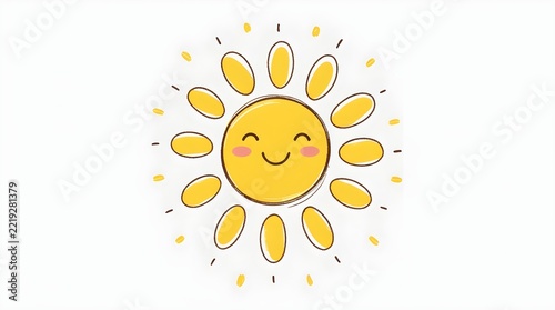 Cute smiling cartoon sun with rounded rays and happy face