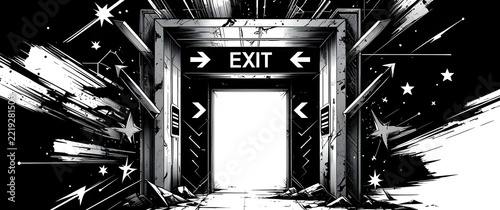Dramatic comic book style exit door with exploding stars