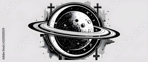 Grunge black and white Saturn planet with crosses and grid