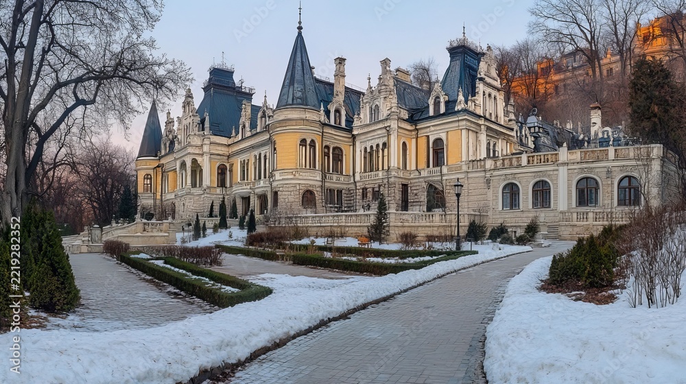 Obraz premium Historic mansion with peaked spires and stone facade set in a snowy winter landscape.