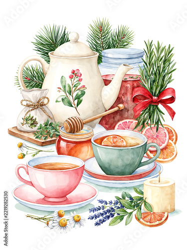 Cozy Herbal Tea, Teapot and Honey Composition with Botanicals