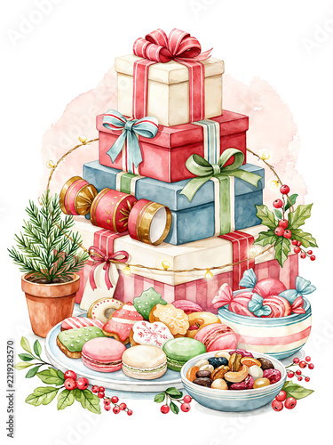 Festive Christmas Gift Stack with Sweet Treats and Cookies