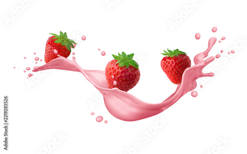 Three Strawberries with pink cream, yogurt splash isolated on white background - 3D illustration	