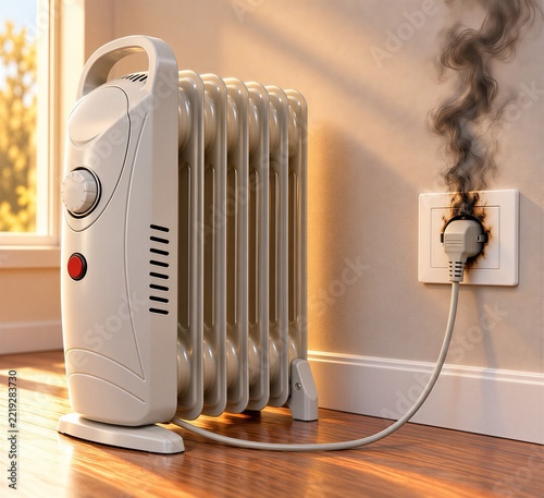 Electric oil heater connected to a smoking, burned wall socket, illustrating electrical fire hazard, overheating, faulty wiring and home safety risks in a residential interior