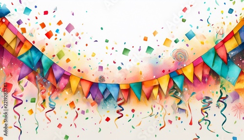 colorful falling confetti and streamers border for party celebration on white background