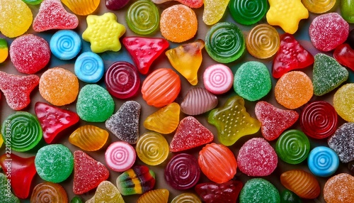 top down view of various shapes of candies gummy jellies lolly etc