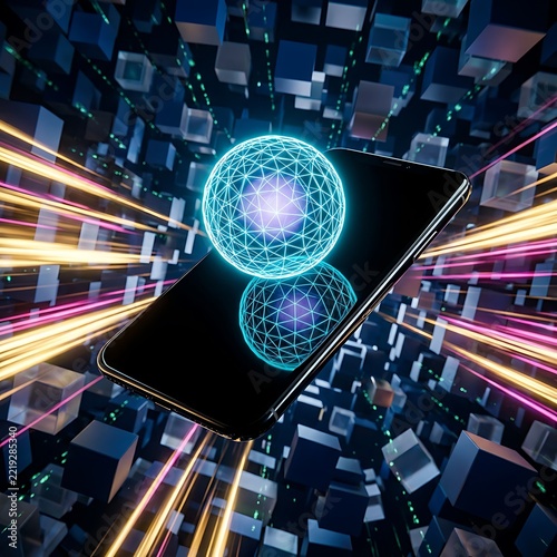 Smartphone with glowing digital sphere and abstract data cubes in