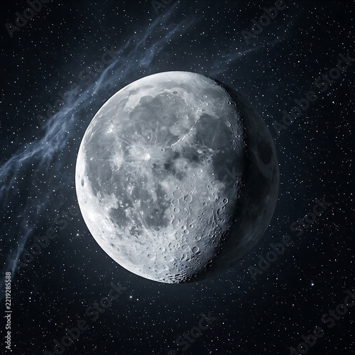 Detailed view of the moon surface with craters against a dark starry
