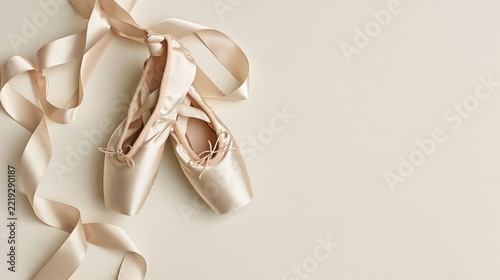 Pink satin ballet pointe shoes with elegant ribbons on plain beige background