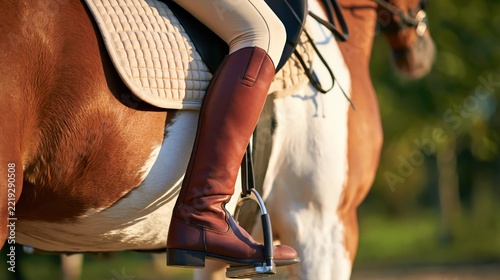 Close up of rider leg in brown leather boot and stirrup on chestnut pinto horse