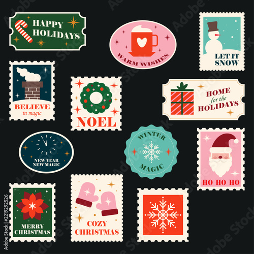 Hand drawn retro Christmas sticker collection. Vector vintage holiday labels and festive illustrations in simple shapes. Set of stamps