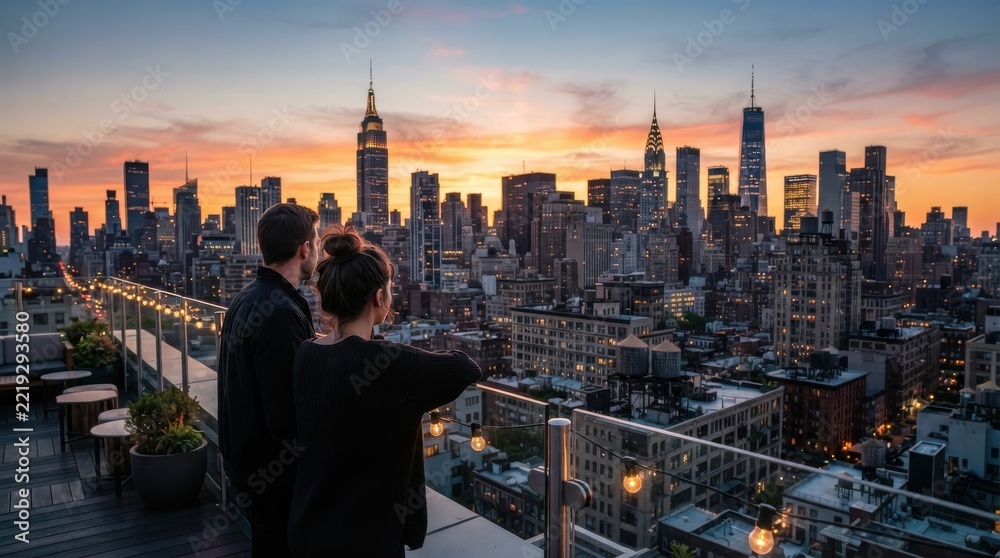 Fototapeta premium Couple enjoying sunset cityscape view from a rooftop terrace