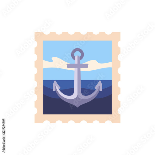 Postage stamp icon with nautical anchor design, flat illustration